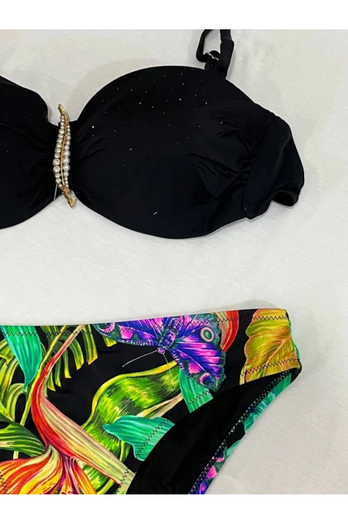 Kadın Siyah Taş İşlemeli Toka Aksesuarlı Astarlı Bikini Takım HZL25S-LC208