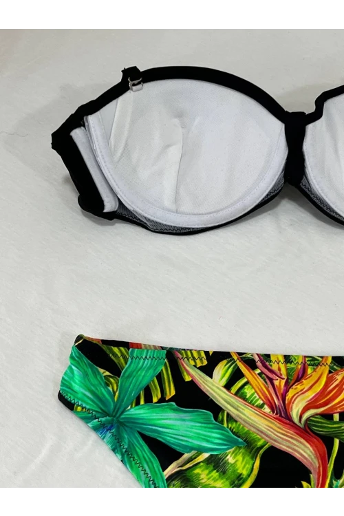 Kadın Siyah Taş İşlemeli Toka Aksesuarlı Astarlı Bikini Takım HZL25S-LC208