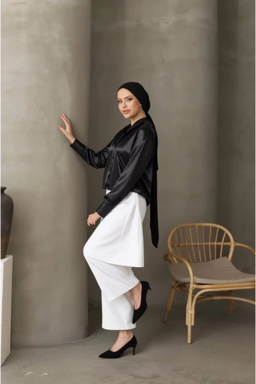 Kadın Siyah Tesettür Küçük ve Büyük Bedenler Hafif Dökümlü Saten Yüzeyli Gömlek HZL25W-BD139641