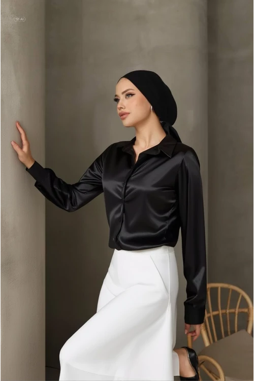 Kadın Siyah Tesettür Küçük ve Büyük Bedenler Hafif Dökümlü Saten Yüzeyli Gömlek HZL25W-BD139641