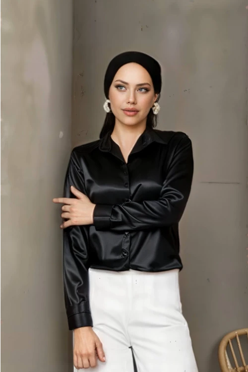 Kadın Siyah Tesettür Küçük ve Büyük Bedenler Hafif Dökümlü Saten Yüzeyli Gömlek HZL25W-BD139641