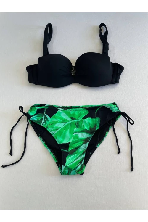 Kadın Siyah Toka Detaylı Yeşil Desen Bikini Takım HZL25S-LC3352