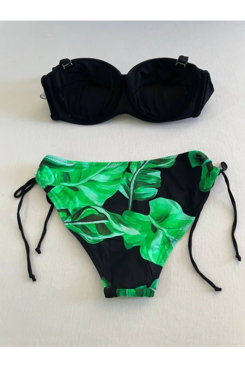 Kadın Siyah Toka Detaylı Yeşil Desen Bikini Takım HZL25S-LC3352