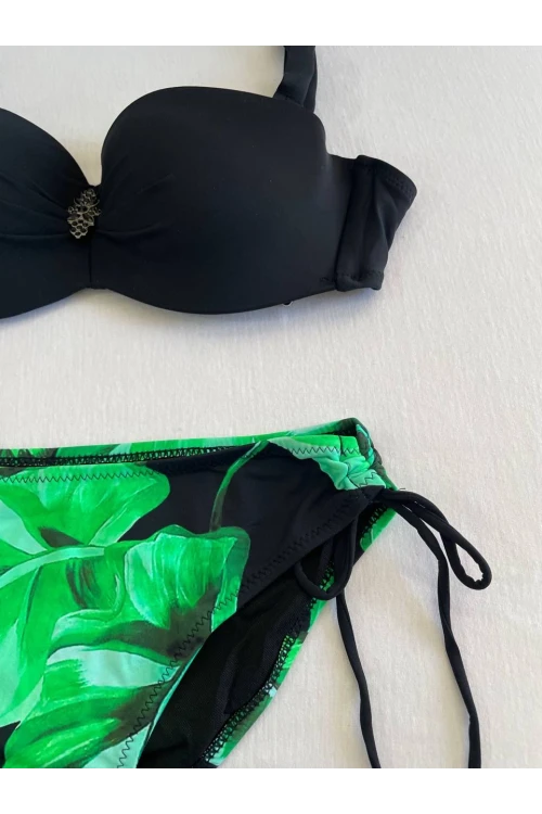 Kadın Siyah Toka Detaylı Yeşil Desen Bikini Takım HZL25S-LC3352