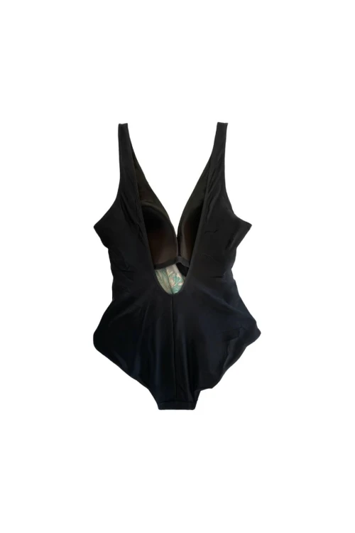 Kadın Siyah Tüy Desen V Yaka Yandan İp Büzgülü Mayo HZL25S-LC4007