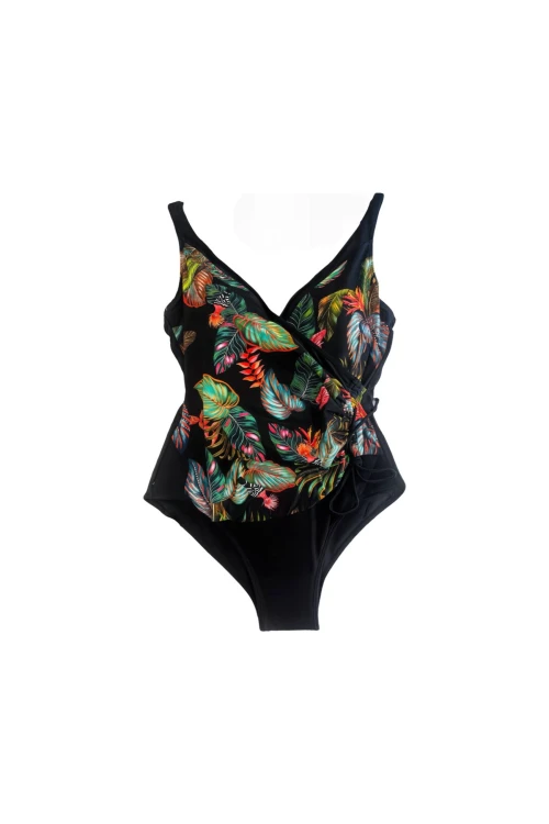 Kadın Siyah Tüy Desen V Yaka Yandan İp Büzgülü Mayo HZL25S-LC4007