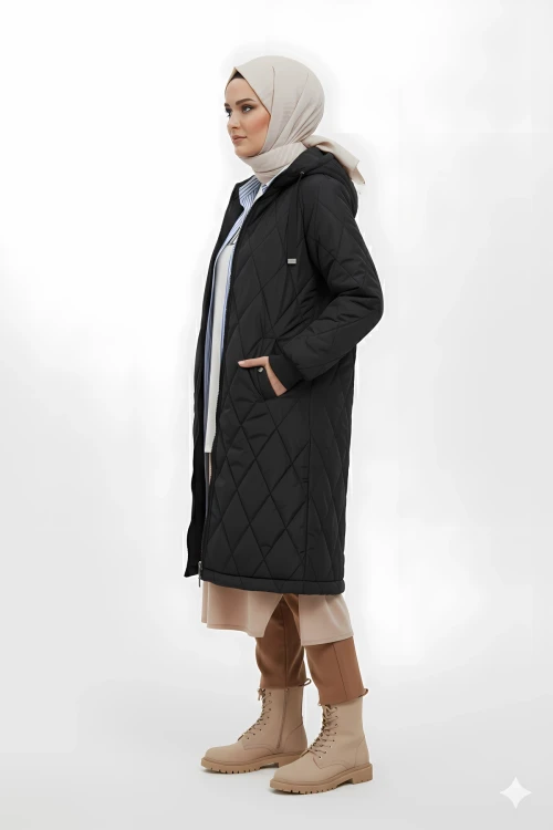 Kadın Siyah Uzun Kapitone Astarlı Şişme Tesettür Mont HZL25W-BD151381
