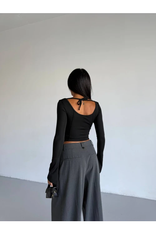 Kadın Siyah Uzun Kollu Arkası Bağlamalı Fit Kesim Crop Bluz HZL25W-FRY122771