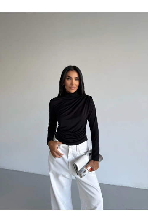 Kadın Siyah Uzun Kollu Drape Detaylı Boğazlı Sandy Bluz HZL25W-FRY123301