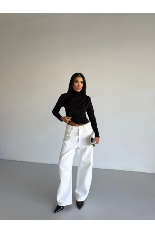 Kadın Siyah Uzun Kollu Drape Detaylı Boğazlı Sandy Bluz HZL25W-FRY123301