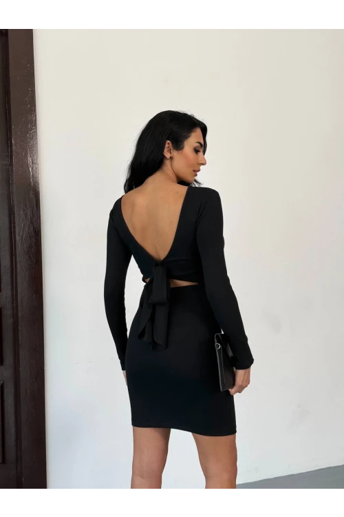 Kadın Siyah Uzun Kollu İp Bağlamalı Sırt Dekolteli Kaşkorse Mini Elbise HZL25W-FRY120411