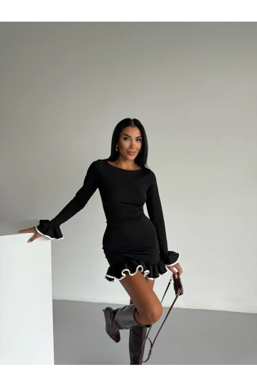 Kadın Siyah Uzun Kollu Volanlı ve Biyeli Dalgıç Kumaş Mini Elbise HZL25W-FRY123401