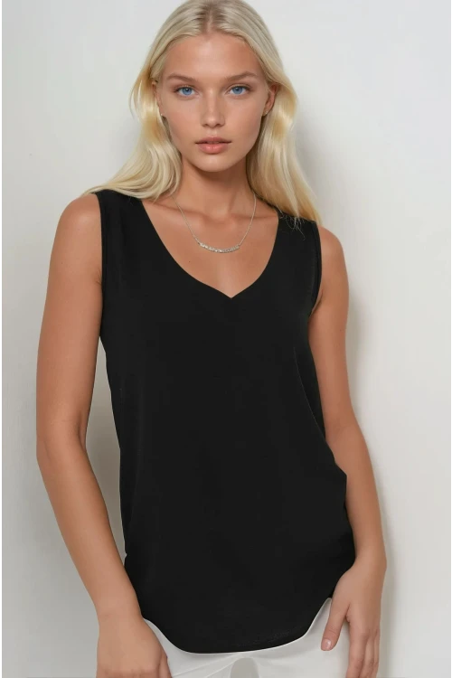 Kadın Siyah V Yaka Sıfır Kol Bluz HZL25S-BD19501