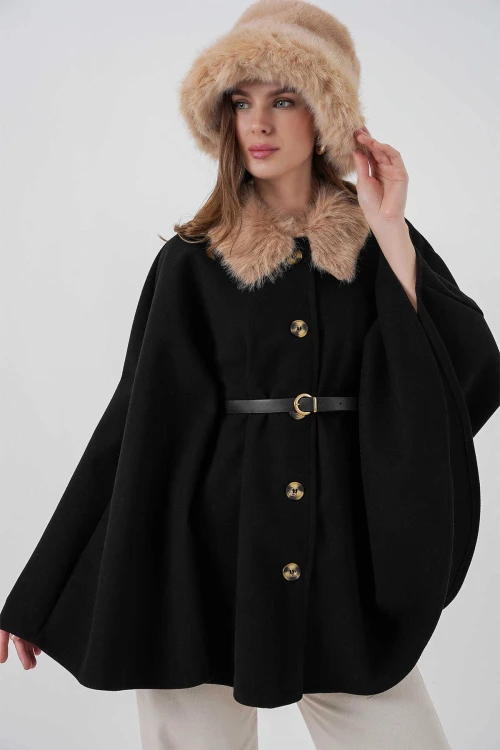 Kadın Siyah Yakası Kürklü Düğmeli Kemerli Kaşe Panço HZL25W-BD191651