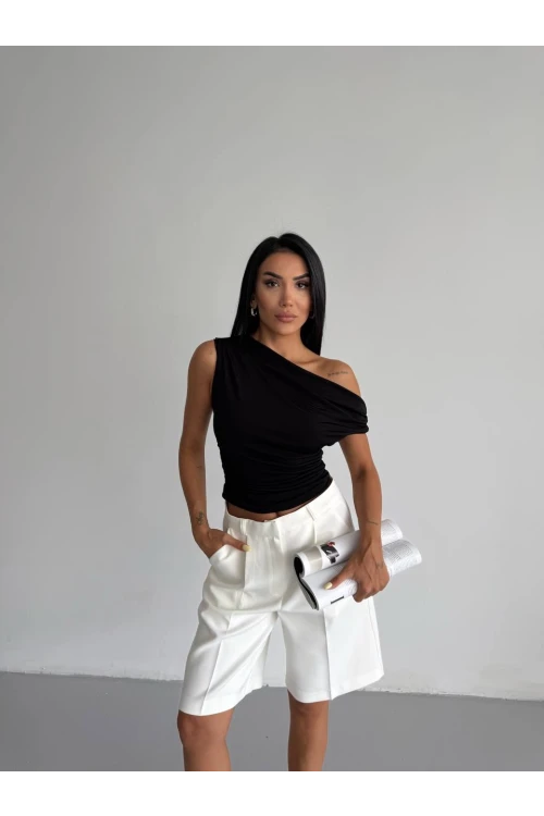 Kadın Siyah Yandan Drapeli Kayık Yaka Sandy Bluz HZL25S-FRY123201