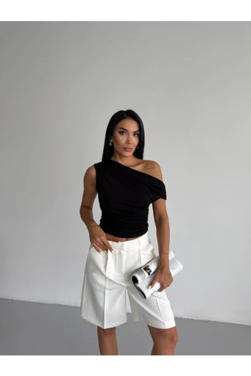 Kadın Siyah Yandan Drapeli Kayık Yaka Sandy Bluz HZL25S-FRY123201