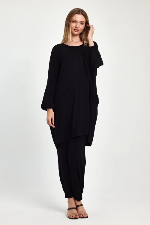 Kadın Siyah Yarasa Kol Geniş Kalıp Penye  Viskon İkili Takım HZL25S-VM110291