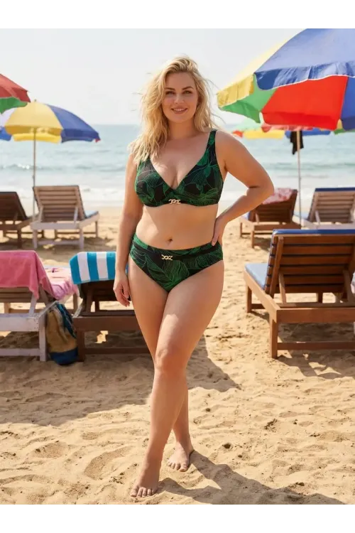 Kadın Siyah Yeşil Aksesuar Detaylı Astarlı Büyük Beden Bikini Takımı HZL25S-LC25147