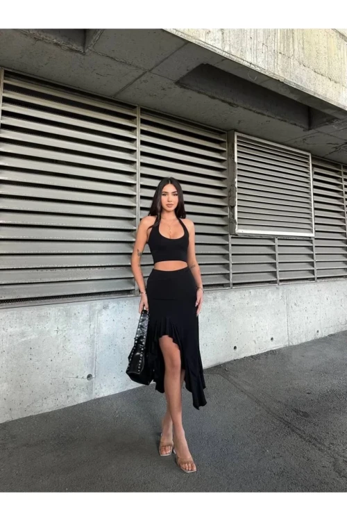 Kadın Siyah Yüksel Bel Dalgıç Kumaş Asimetrik Kesim Etek HZL25S-ZK11701