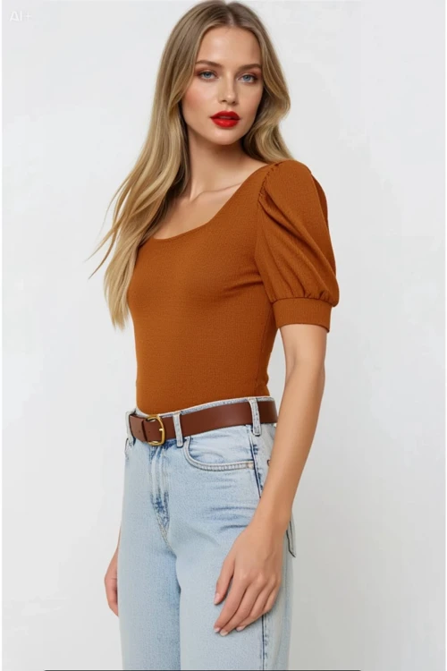 Kadın Taba Kare Yaka Örme Bluz HZL22W-BD104091