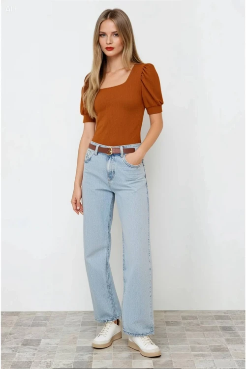 Kadın Taba Kare Yaka Örme Bluz HZL22W-BD104091