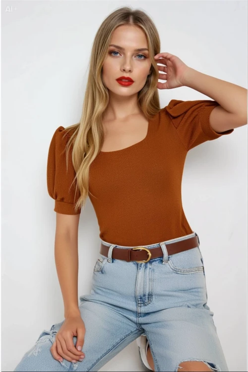 Kadın Taba Kare Yaka Örme Bluz HZL22W-BD104091