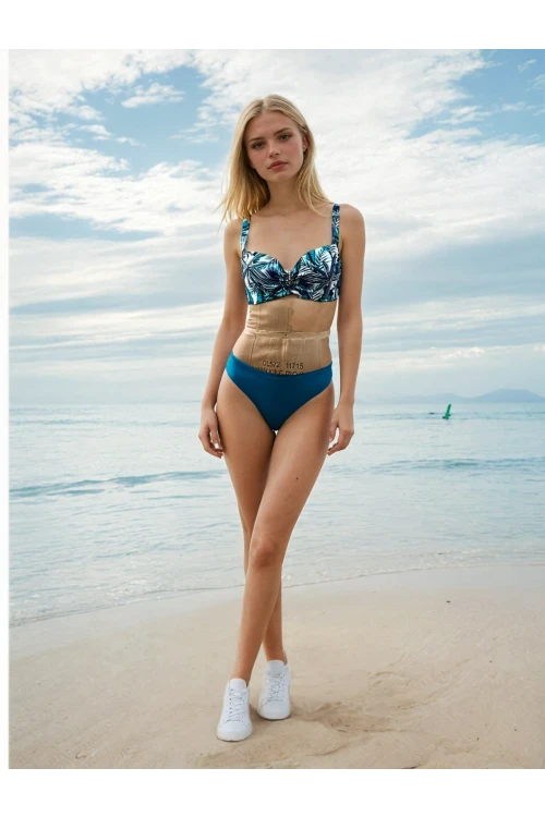 Kadın Turkuaz Desenli Yüksel Bel Astarlı Bikini Takımı HZL25S-LC24200-1