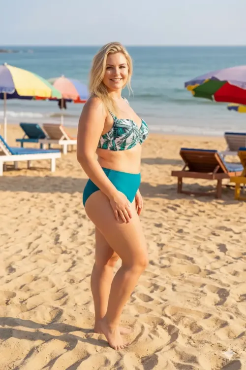 Kadın Turkuaz Desenli Yüksel Bel Astarlı Büyük Beden Bikini Takımı HZL25S-LC24200-1