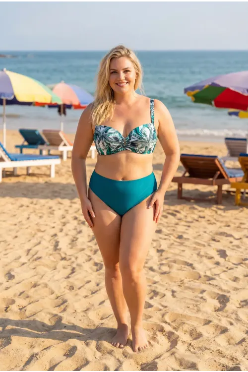 Kadın Turkuaz Desenli Yüksel Bel Astarlı Büyük Beden Bikini Takımı HZL25S-LC24200-1