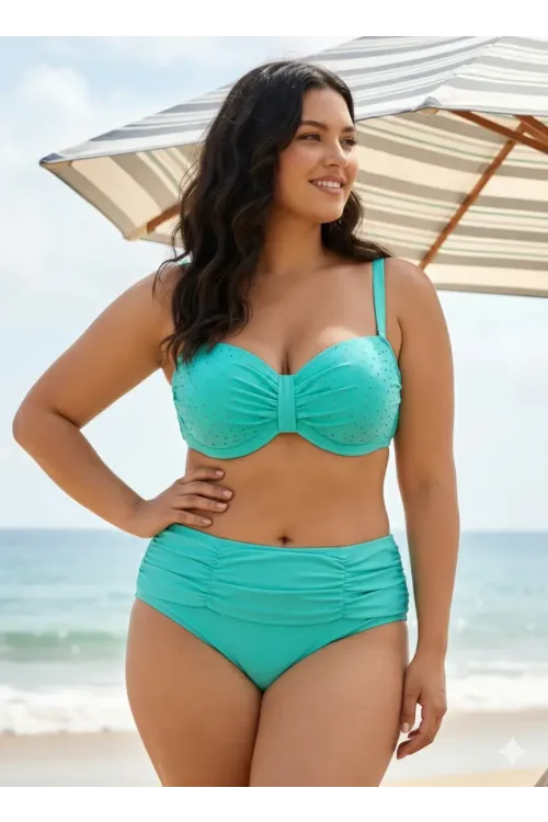 Kadın Turkuaz Taş İşlemeli Astarlı Büyük Beden Bikini Takımı HZL25S-LC01