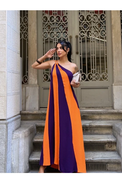 Kadın Turuncu Mor Parça Bloklu Omuz Detay Elbise HZL25S-DSB107651