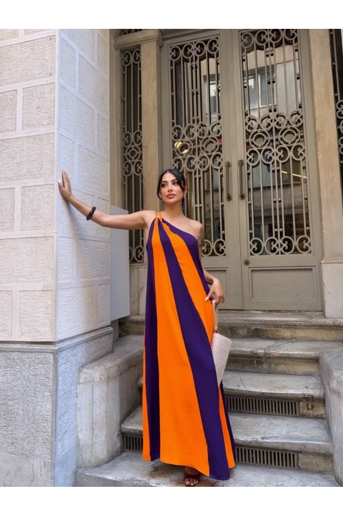 Kadın Turuncu Mor Parça Bloklu Omuz Detay Elbise HZL25S-DSB107651