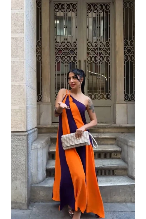 Kadın Turuncu Mor Parça Bloklu Omuz Detay Elbise HZL25S-DSB107651