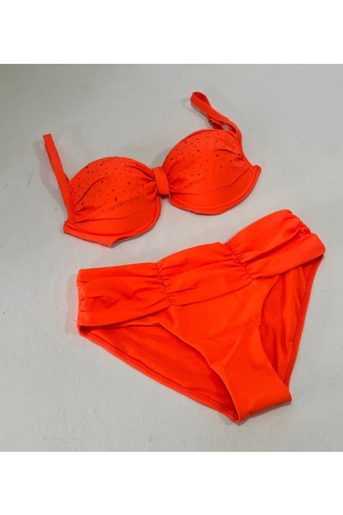 Kadın Turuncu Taş İşlemeli Astarlı Büyük Beden Bikini Takımı HZL25S-LC01