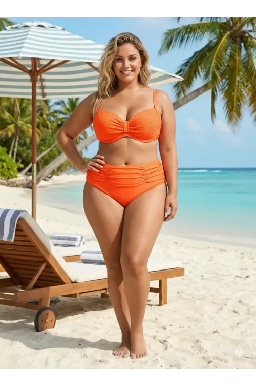 Kadın Turuncu Taş İşlemeli Astarlı Büyük Beden Bikini Takımı HZL25S-LC01