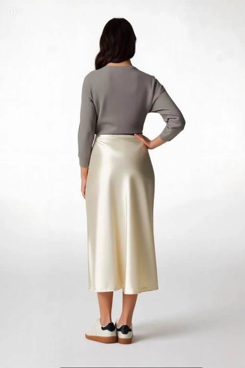 Kadın Vanilya Saten Yüzeyli Beli Lastikli Midi Boy Etek Hzl23s-bd1101471