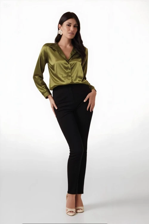 Kadın Yağ Yeşili Hafif Dökümlü Saten Yüzeyli Gömlek HZL22W-BD139641
