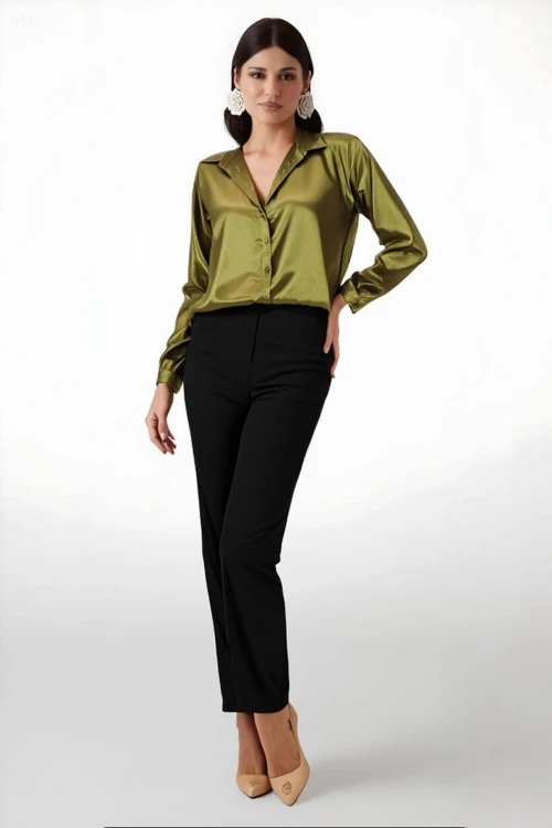 Kadın Yağ Yeşili Hafif Dökümlü Saten Yüzeyli Gömlek HZL22W-BD139641