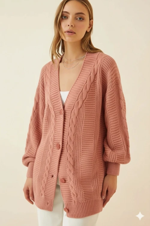 Kadın Yavruağzı Saç Örgü Desen Uzun Düğmeli Rahat Kesim Triko Hırka HZL23W-BD1100691