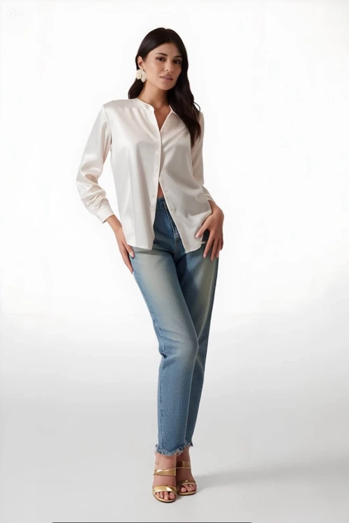 Kadın Yeni Krem Hafif Dökümlü Saten Yüzeyli Gömlek HZL22W-BD139641