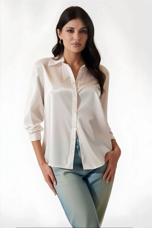 Kadın Yeni Krem Hafif Dökümlü Saten Yüzeyli Gömlek HZL22W-BD139641