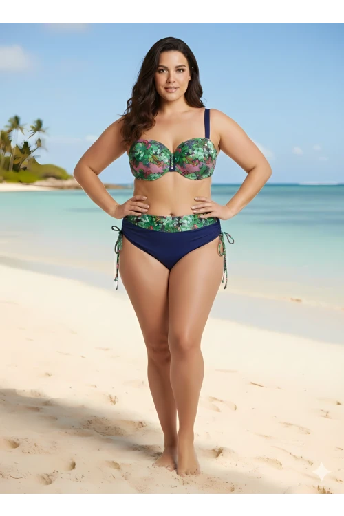 Kadın Yeşil Çiçek Desenli Astarlı Lacivert Büyük Beden Bikini Takım HZL25S-LC3301