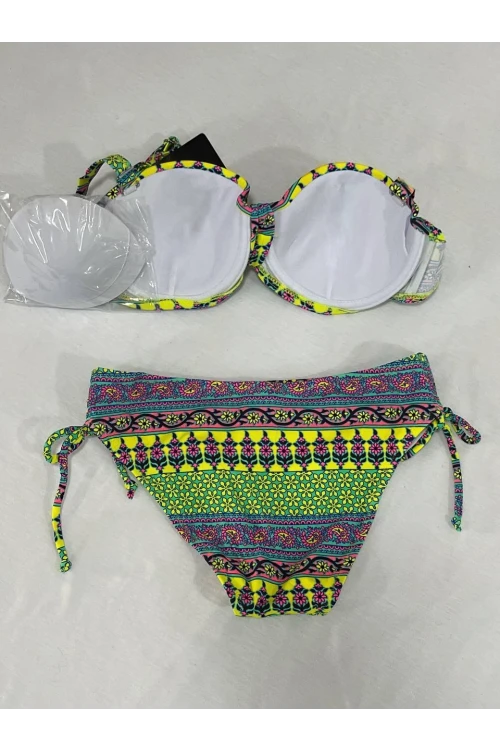 Kadın Yeşil Çok Renkli Etnik Desen Atarlı Bikini Takımı HZL25S-LC8004