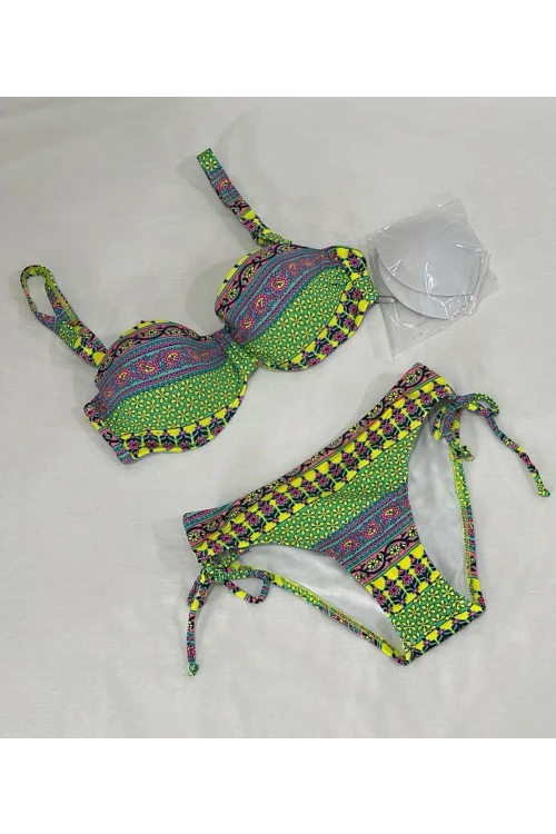 Kadın Yeşil Çok Renkli Etnik Desen Atarlı Bikini Takımı HZL25S-LC8004