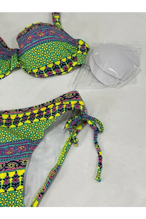 Kadın Yeşil Çok Renkli Etnik Desen Atarlı Bikini Takımı HZL25S-LC8004