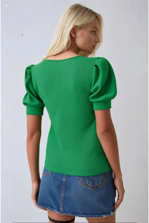 Kadın Yeşil Kare Yaka Örme Bluz HZL22W-BD104091