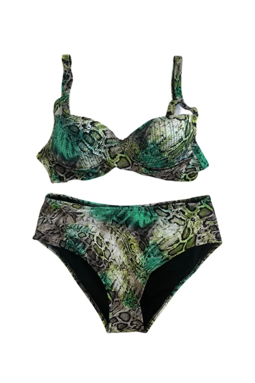 Kadın Yeşil Leopar Desenli Astarlı Büyük Beden Bikini Takımı HZL25S-LC25006