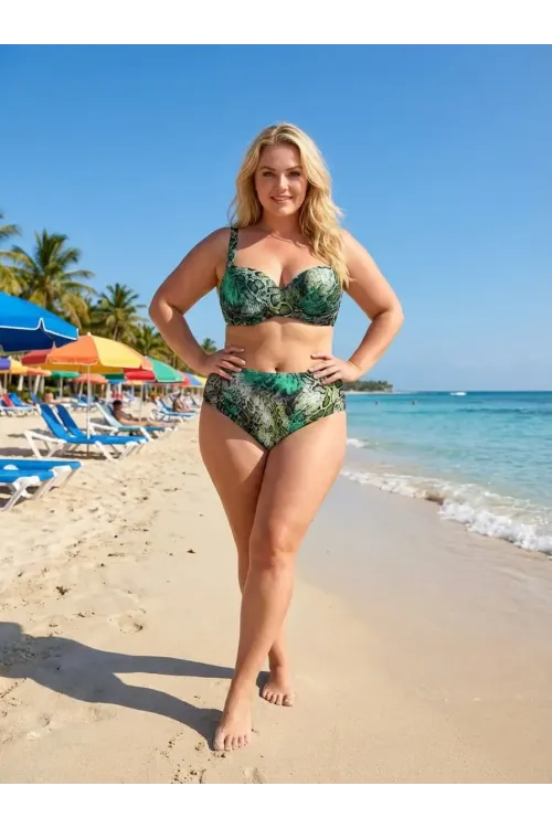 Kadın Yeşil Leopar Desenli Astarlı Büyük Beden Bikini Takımı HZL25S-LC25006