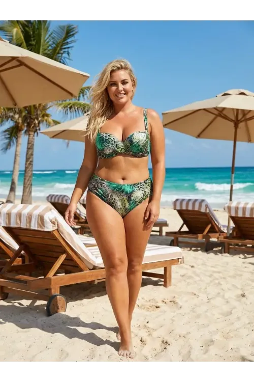 Kadın Yeşil Leopar Desenli Astarlı Büyük Beden Bikini Takımı HZL25S-LC25006