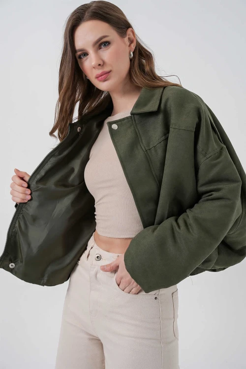 Kadın Yeşil Oversize Fermuar ve Çıt Çıt Kapamalı Cepsiz Süet Deri Ceket HZL25W-BD107301
